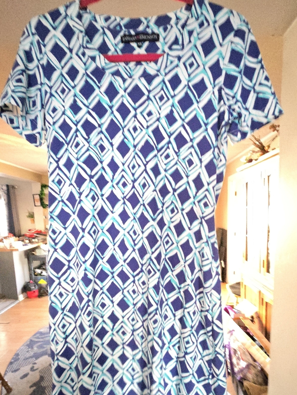 BARBARA ERICKSON ZS Navy and Aqua Geometric Short Sleeve Dress